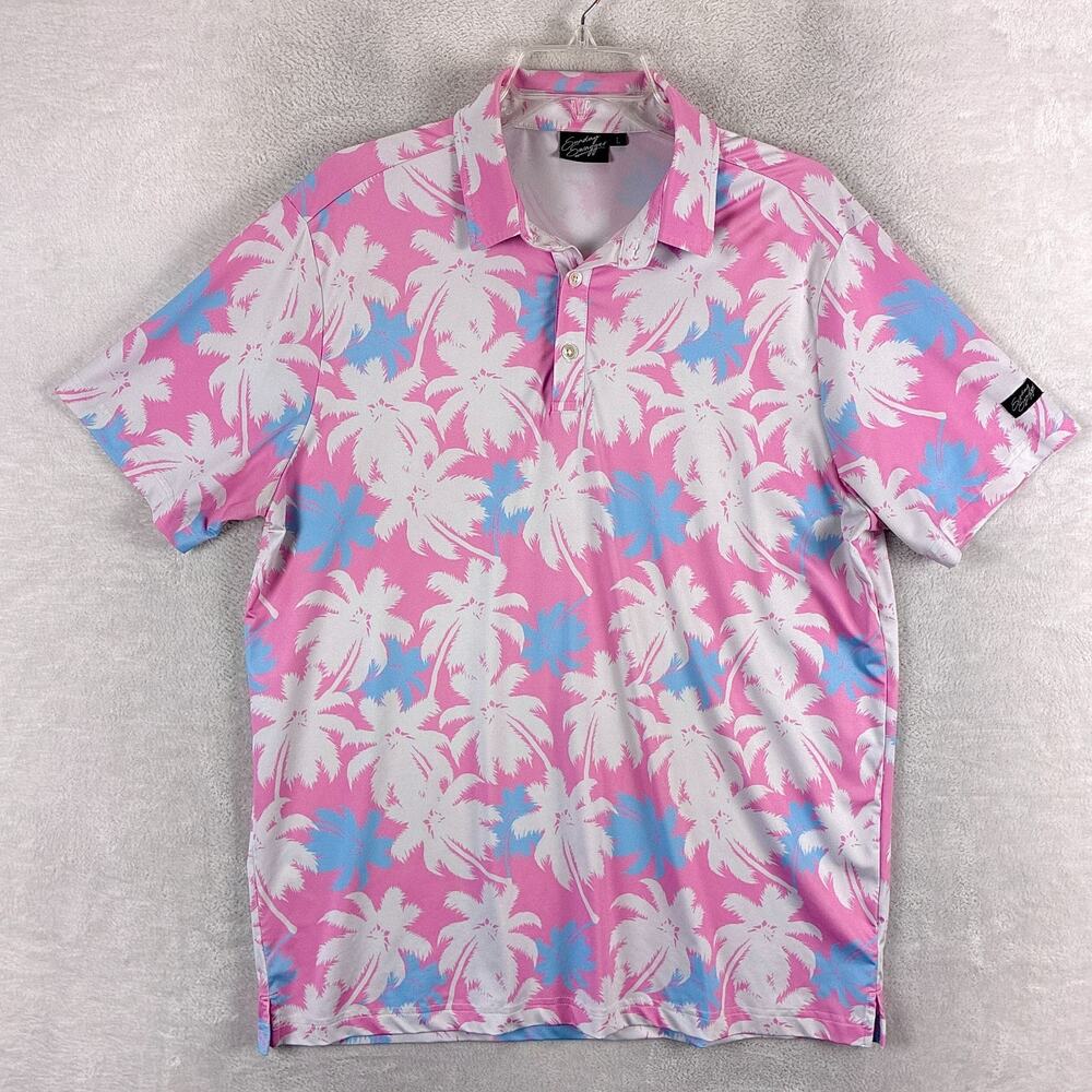 Sunday Swagger Polo Shirt Mens L Pink White Palm AOP Stretch Performance Golf